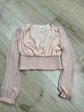 Aritzia Pale Blush Sheer Long-Sleeve Smocked Crop Top